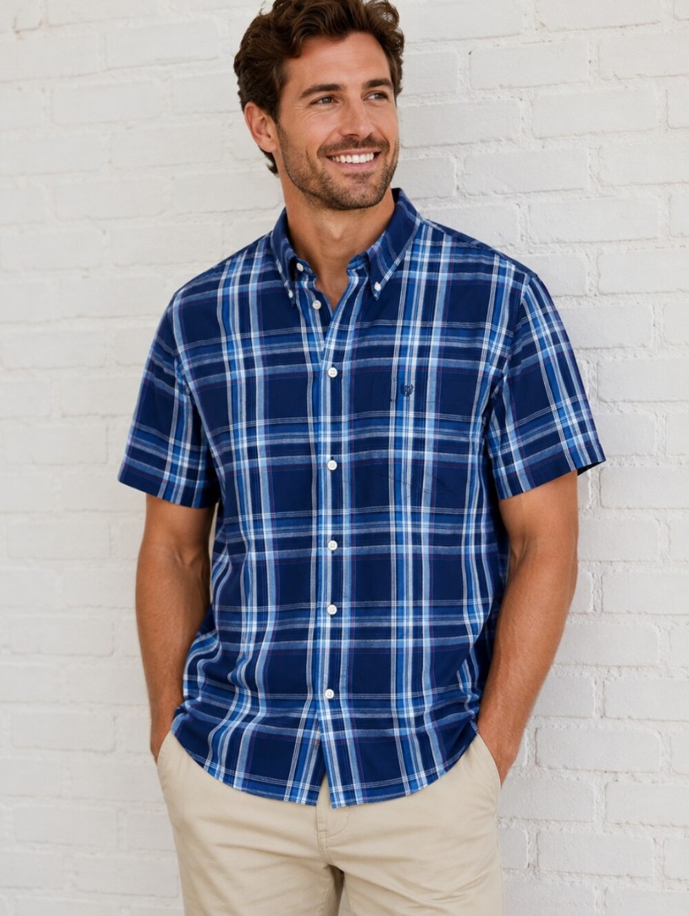 NWT, Men's Chaps Short Sleeve Button Down Easy Care Shirt Blue, Plaid,